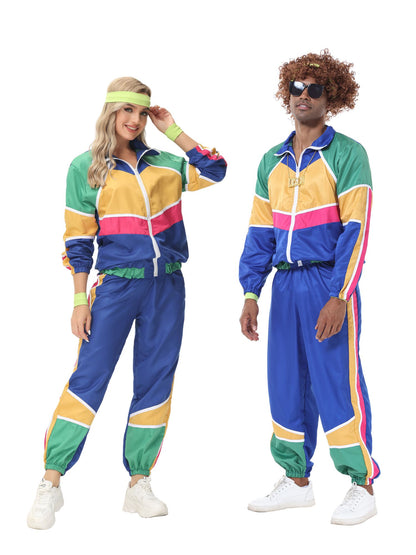 Retro Paar Kostüm im 60er- und 70er-Jahre-Hippie-Stil mit farbigem Trainingsanzug-Design