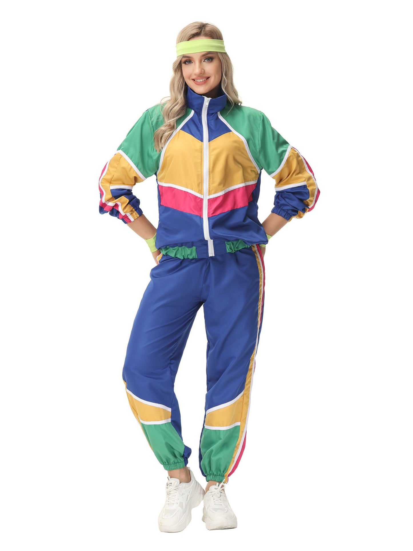 Retro Paar Kostüm im 60er- und 70er-Jahre-Hippie-Stil mit farbigem Trainingsanzug-Design