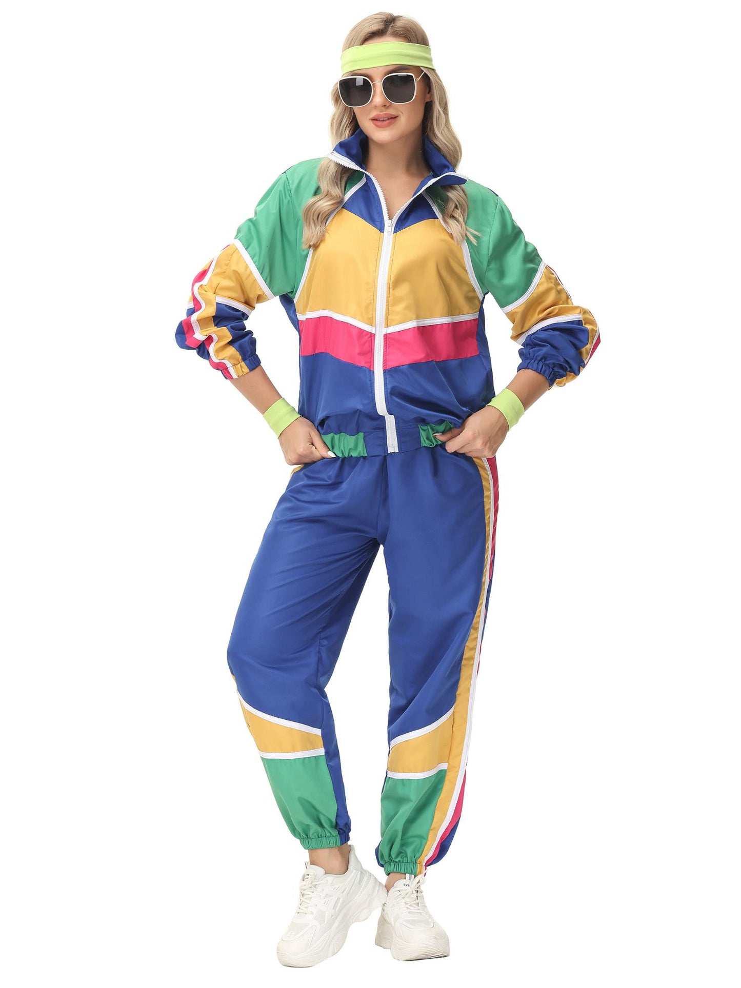 Retro Paar Kostüm im 60er- und 70er-Jahre-Hippie-Stil mit farbigem Trainingsanzug-Design