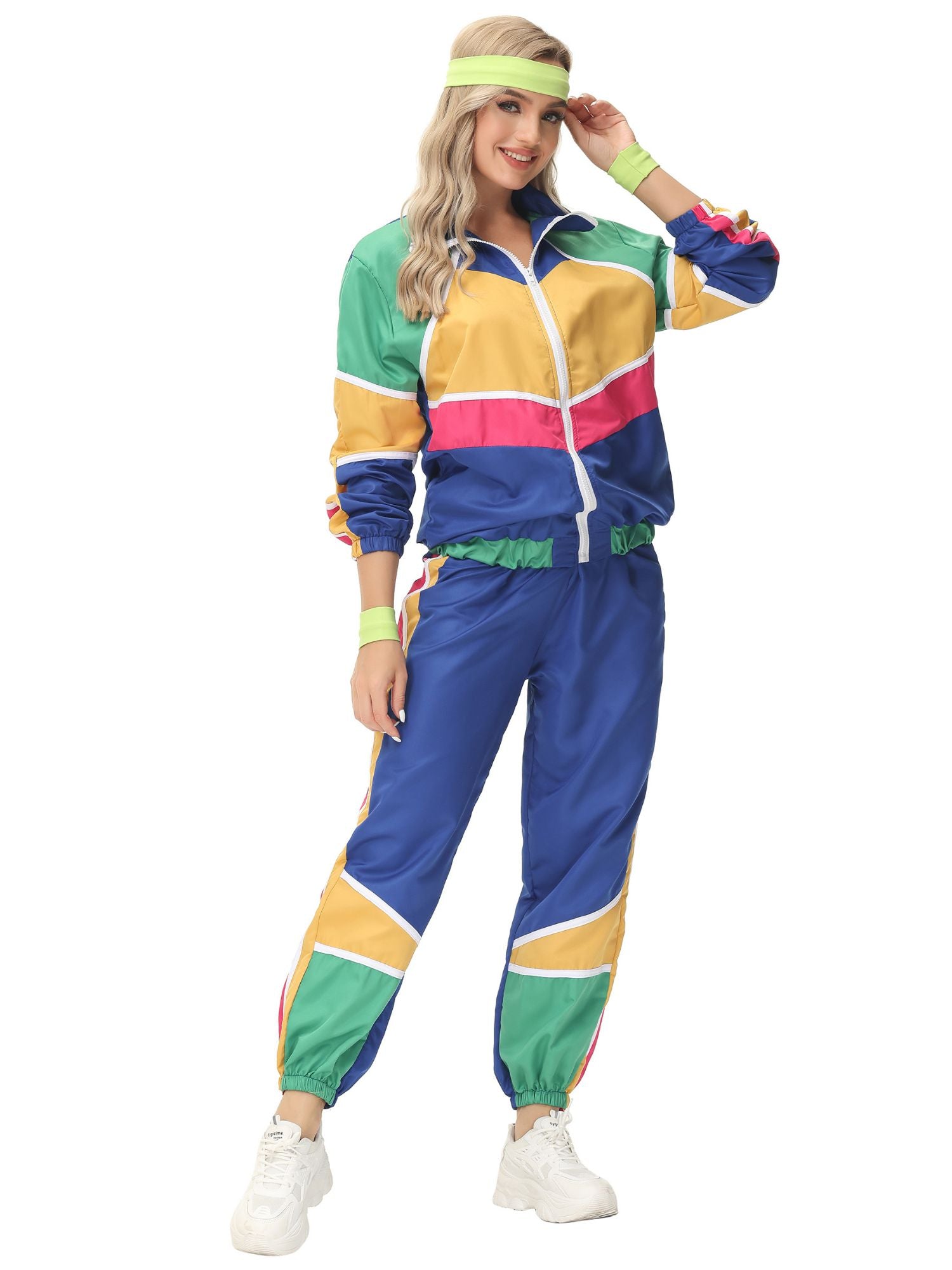 Retro Paar Kostüm im 60er- und 70er-Jahre-Hippie-Stil mit farbigem Trainingsanzug-Design