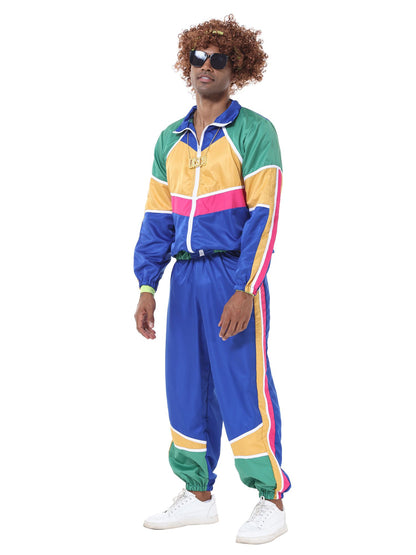 Retro Paar Kostüm im 60er- und 70er-Jahre-Hippie-Stil mit farbigem Trainingsanzug-Design