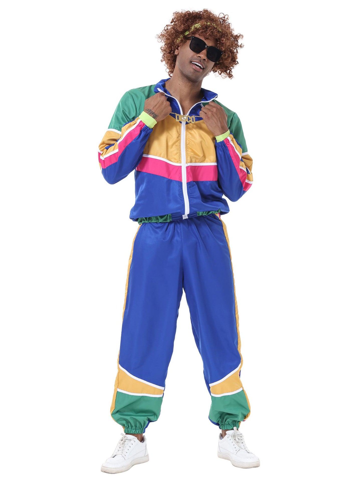 Retro Paar Kostüm im 60er- und 70er-Jahre-Hippie-Stil mit farbigem Trainingsanzug-Design