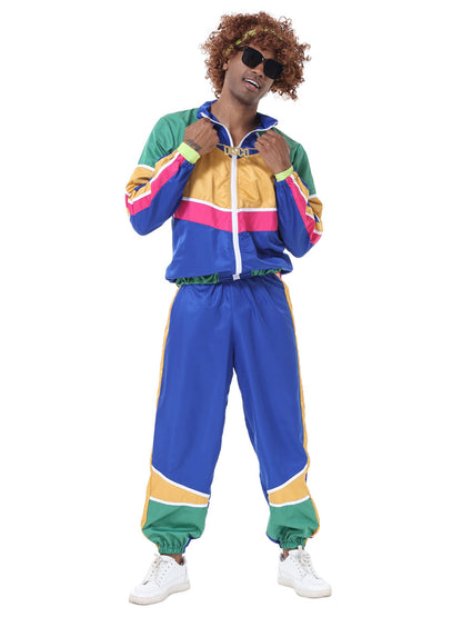 Retro Paar Kostüm im 60er- und 70er-Jahre-Hippie-Stil mit farbigem Trainingsanzug-Design