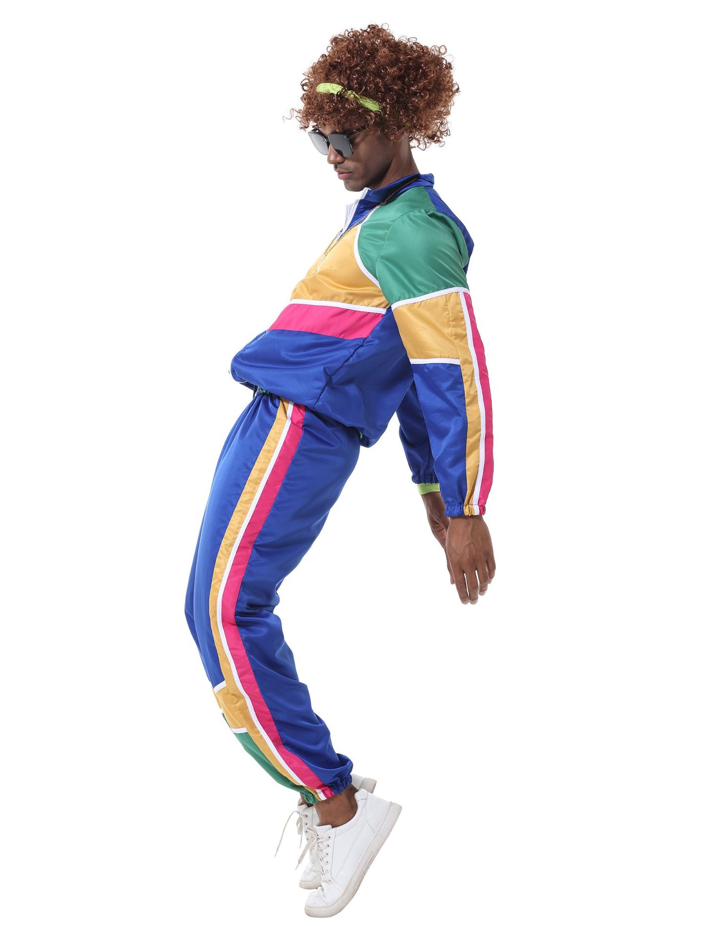 Retro Paar Kostüm im 60er- und 70er-Jahre-Hippie-Stil mit farbigem Trainingsanzug-Design