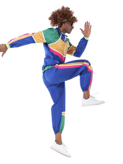 Retro Paar Kostüm im 60er- und 70er-Jahre-Hippie-Stil mit farbigem Trainingsanzug-Design